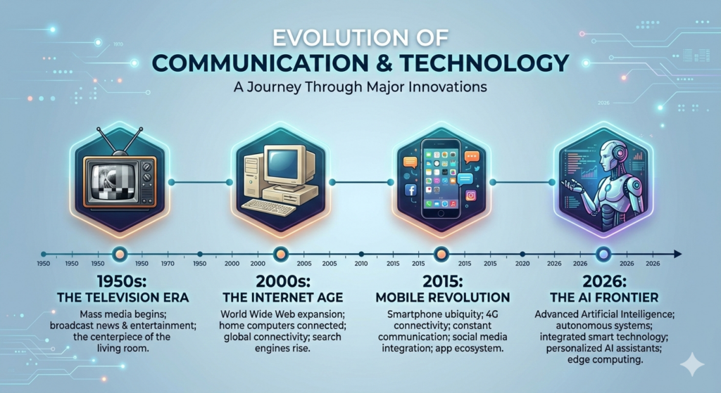 A Horizontal Timeline Infographic. Use icons like a 1950s TV, a 2000s Desktop Computer, a 2015 Smartphone, and a 2026 AI Robot icon.