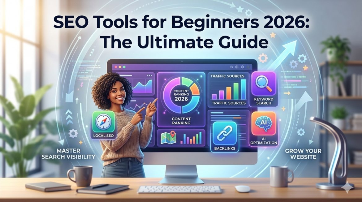 A modern student pointing at a digital dashboard showcasing key SEO tools for beginners 2026 on a sleek workspace monitor.