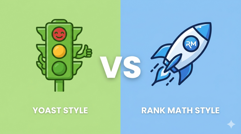 Comparison graphic between Yoast SEO and Rank Math plugin interfaces.