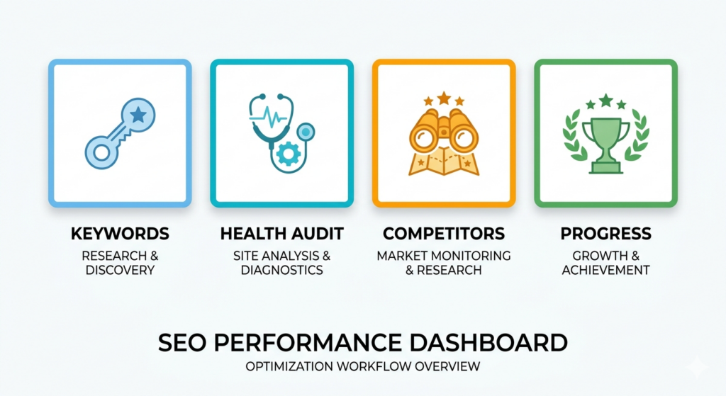 Infographic showing four pillars of SEO tools: Keyword Research, Technical Audit, Competitor Analysis, and Progress Tracking.