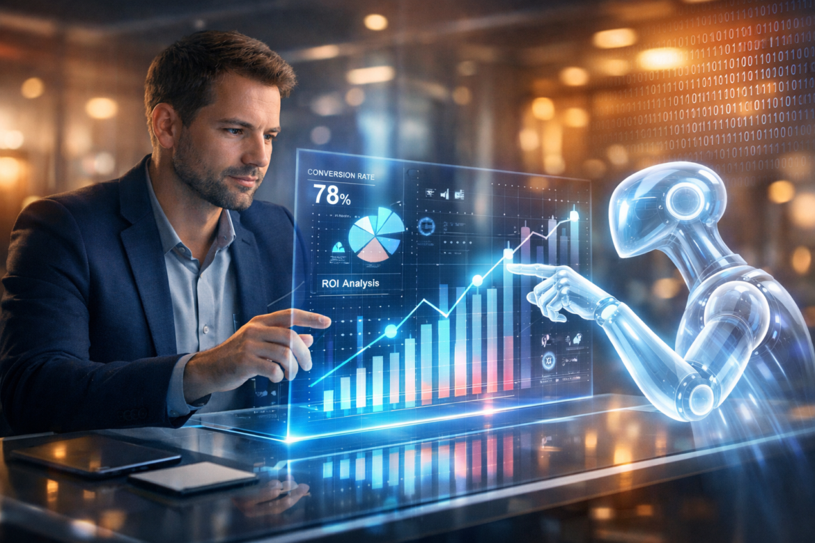 A human marketer collaborating with an AI interface for digital marketing automation success.