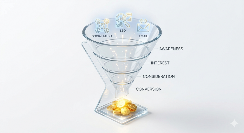 Digital marketing sales funnel showing lead generation and conversion