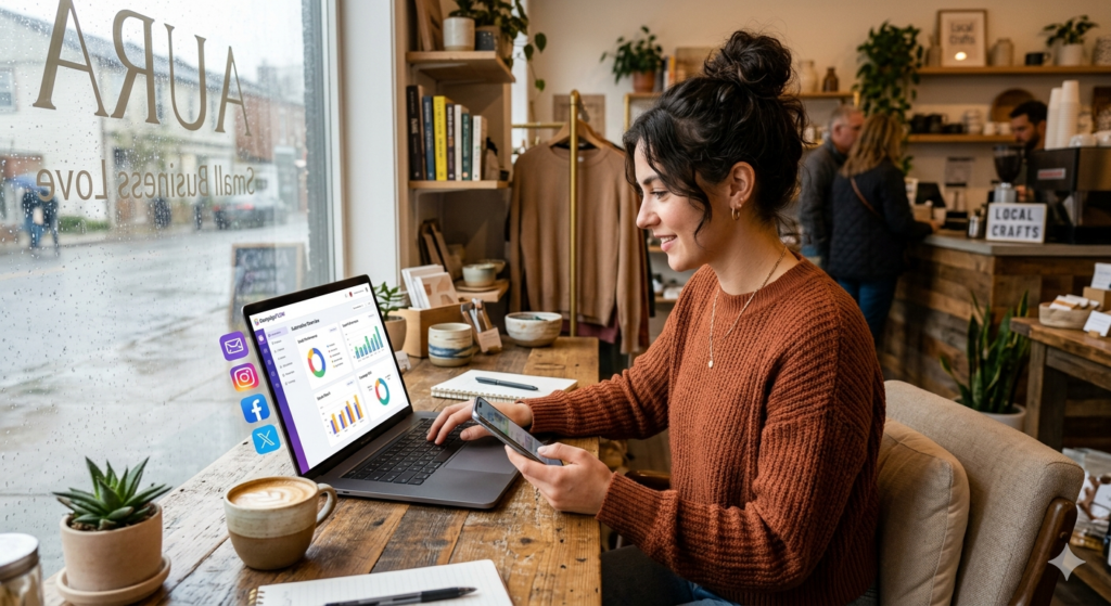 Small business owner managing marketing automation in a local shop.