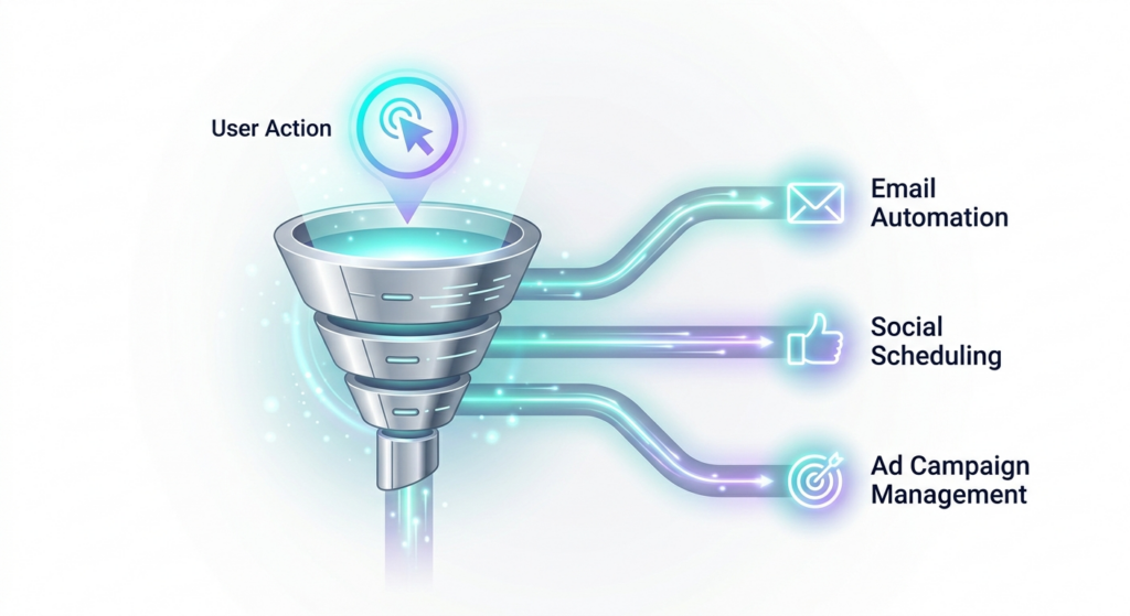 A clean diagram showing a user action fueling a digital marketing automation workflow across different channels.