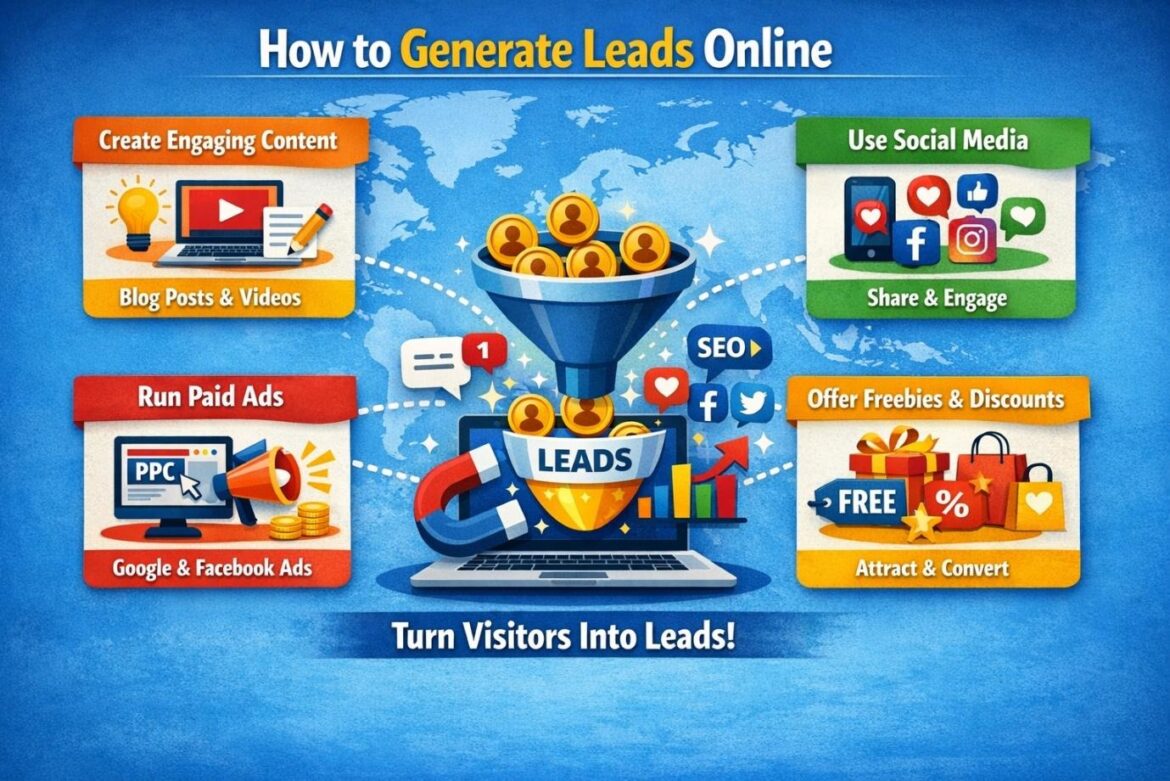 Illustration showing how to generate leads online with blogs, social media, email marketing, and lead magnets.