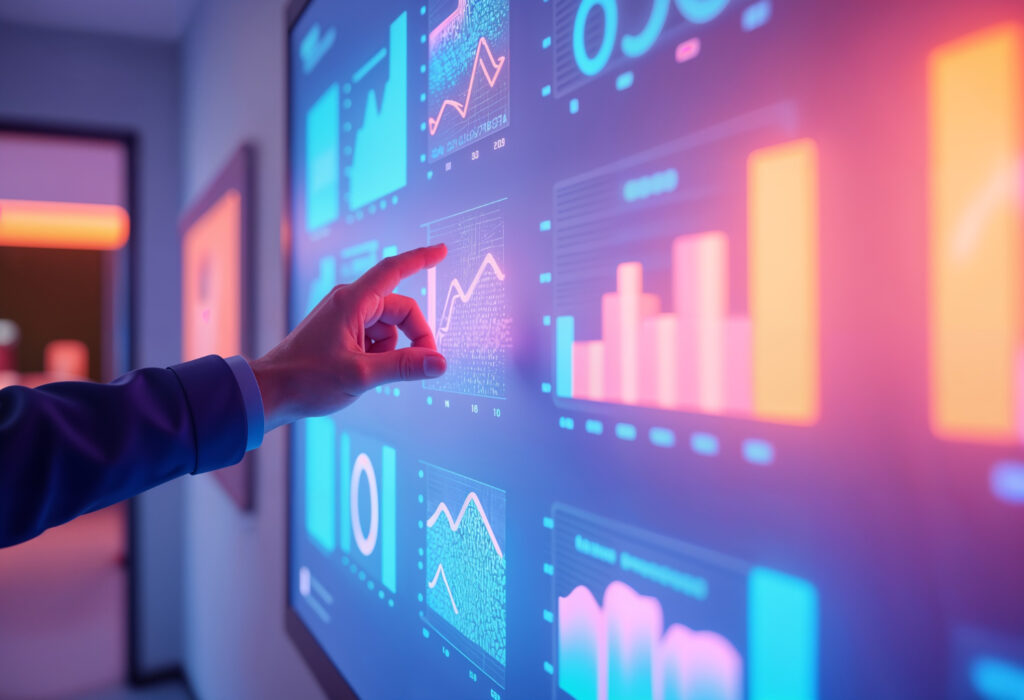 A person's hand pointing at growth charts and metrics on a digital analytics screen, showing email marketing campaign performance tracking.