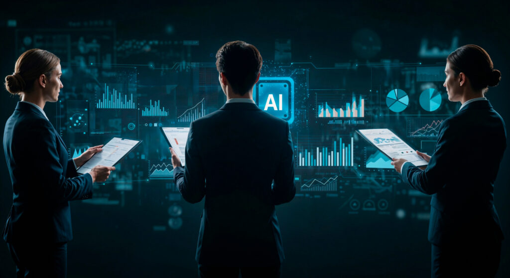 Three marketing professionals analyzing digital data dashboards and AI technology to optimize marketing strategies