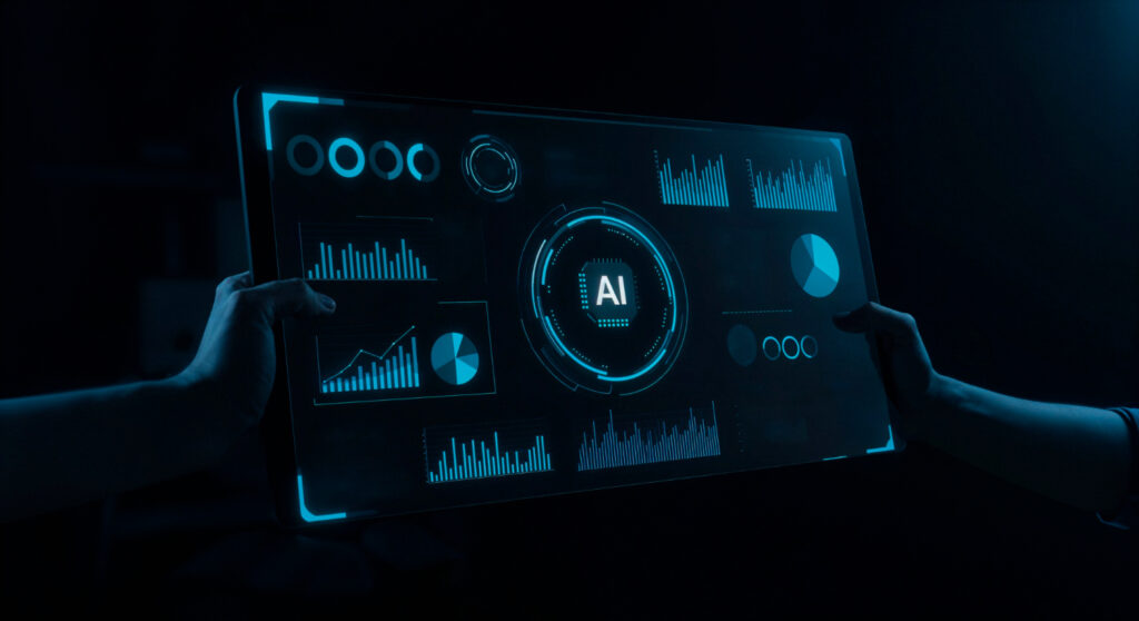 Hands holding a digital tablet displaying futuristic AI marketing analytics and data performance metrics