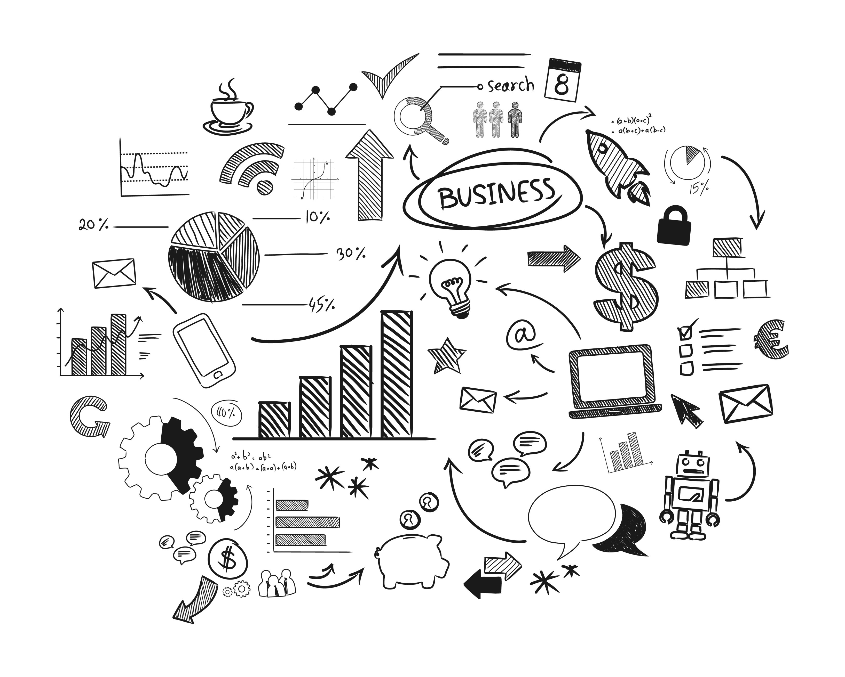 Hand-drawn business concept doodle showing growth charts, lightbulbs, financial symbols, and AI robot icons