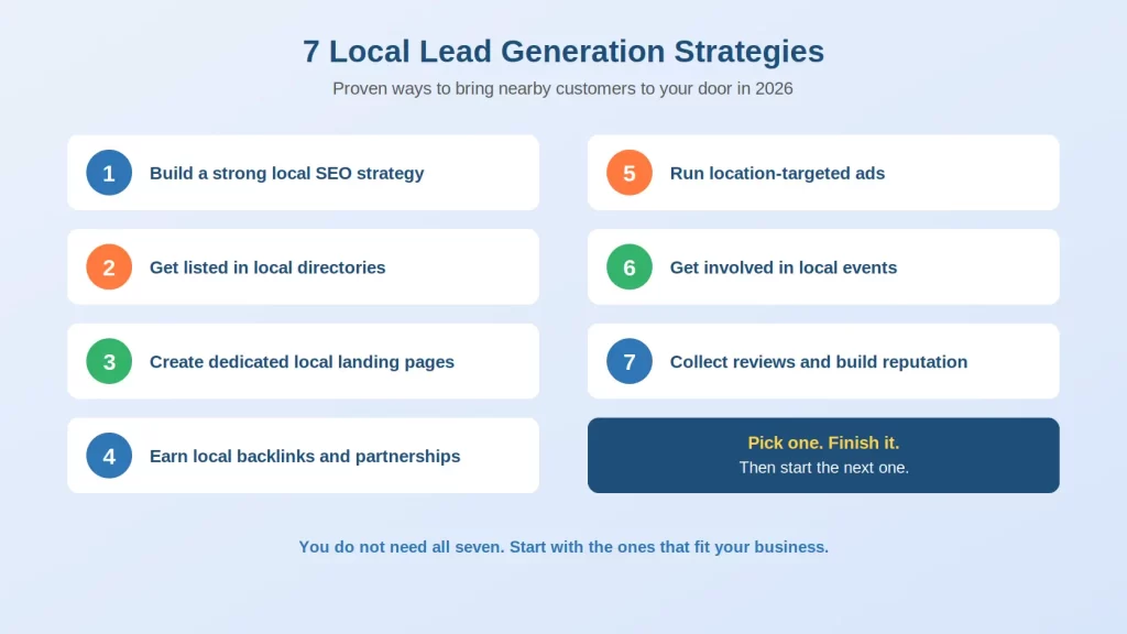 Seven local lead generation strategies for 2026, including local SEO, directories, landing pages, backlinks, ads, events, and reviews