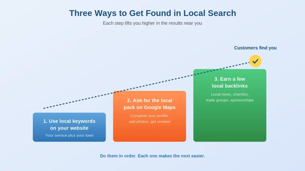Three ways to get found in local search: use local keywords, aim for the local pack on Google Maps, and earn local backlinks