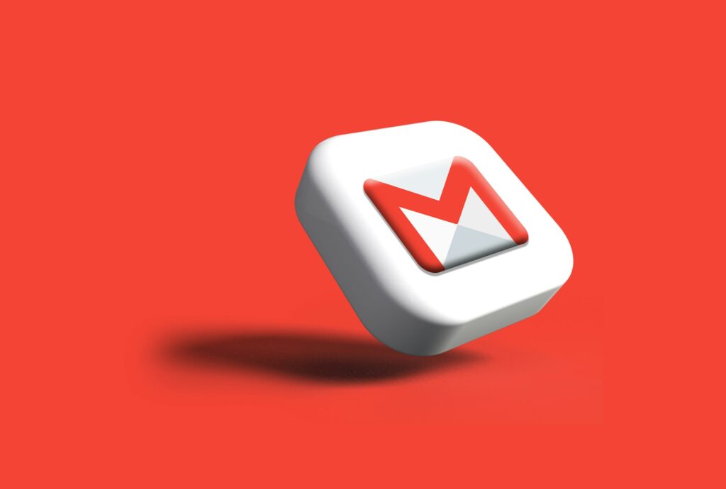 3D render of a white app icon featuring the Gmail logo floating over a bright red background, representing email deliverability and marketing campaigns.