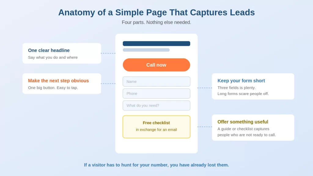 Anatomy of a simple lead capture page showing a clear headline, an obvious call button, a short contact form, and a free offer