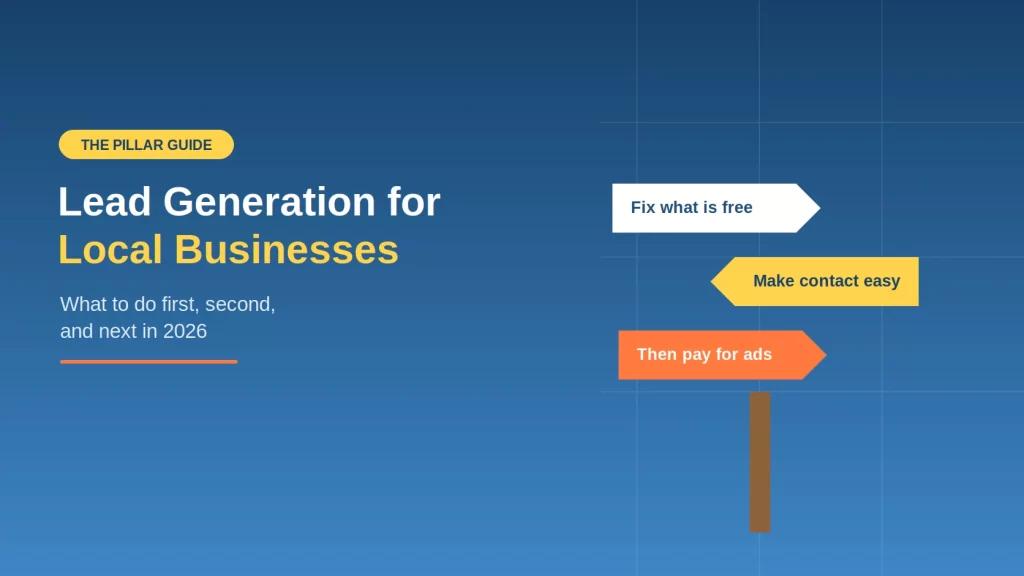 Lead generation for local businesses in 2026, showing the order to follow: fix what is free, make contact easy, then pay for ads
