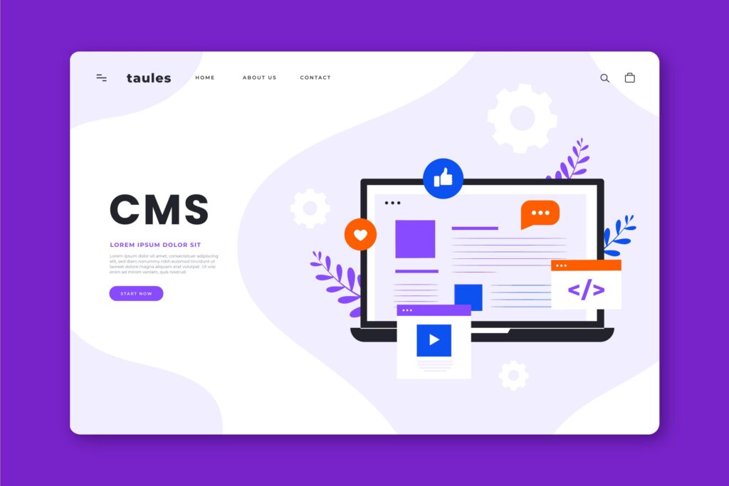 Flat illustration of a laptop screen displaying a content management system dashboard with interactive UI blocks, code tags, and video elements.